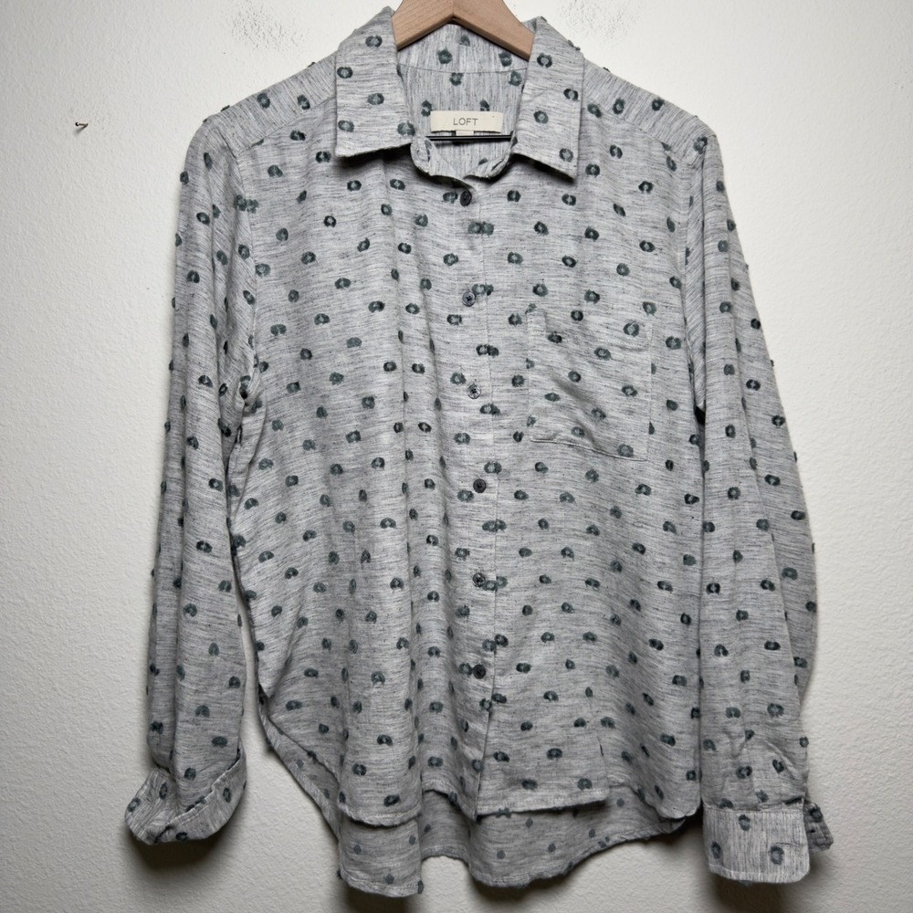 LOFT Women Cotton Linen Button Front Top Medium Grey Polka Dot Artsy Preppy‎